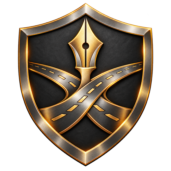 Crossroads Writing Room emblem: fountain-pen nib over crossed roads in a steel and gold shield